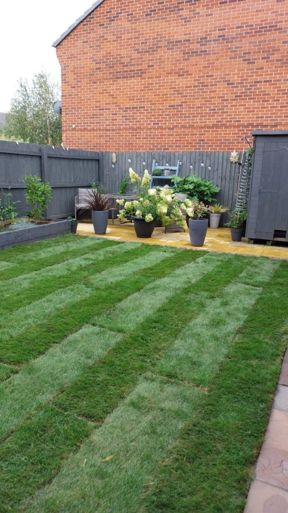 Contemporary porcelain patio & new lawn with decorative edging and planting