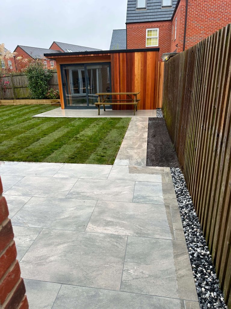 Premium porcelain patio completed outside garden room in Cheshire